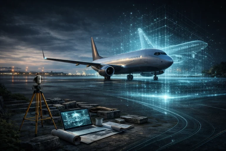 3D-Visualisierung eines Flugzeugs auf dem Rollfeld mit digitalem Raster, Vermessungstechnik und technischer Objektinszenierung