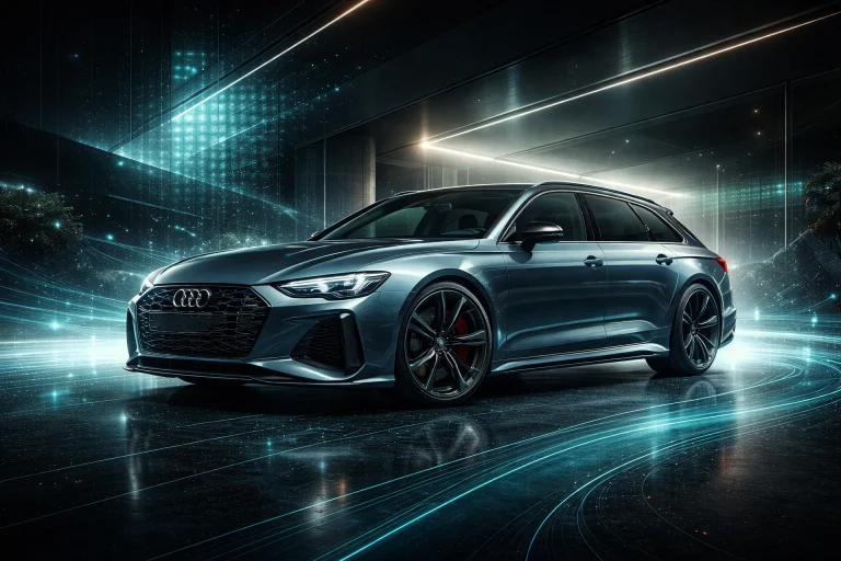 3D-Visualisierung eines Audi RS6 in modernem Showroom mit digitaler Lichtinszenierung und spiegelnder Bodenfläche