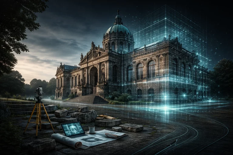 3D-Denkmaldokumentation eines historischen Gebäudes mit digitalem Raster, Vermessungstechnik und visueller Bestandserfassung