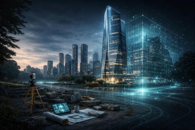 3D-Visualisierung eines modernen Hochhauses mit digitalem Raster, Vermessungstechnik und futuristischer Gebäudeinszenierung bei Dämmerung