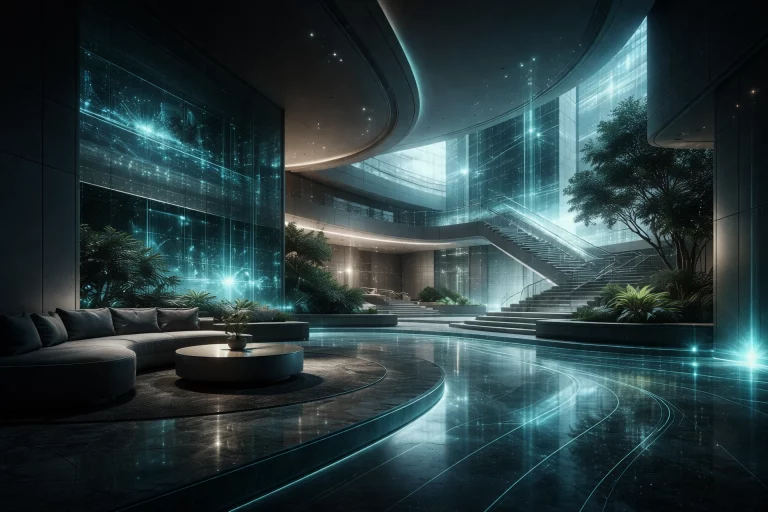 3D-Visualisierung eines modernen Innenraums mit digitaler Lichtführung, architektonischer Tiefe und hochwertiger Rauminszenierung