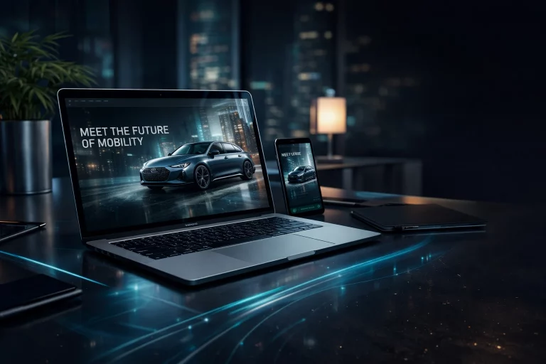 Moderner Arbeitsplatz mit Laptop und Smartphone zur Darstellung von Webdesign und responsiven Websites