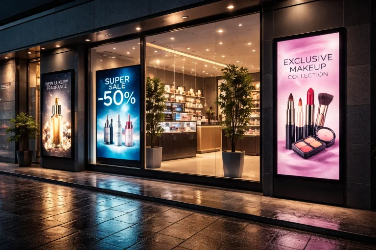 Modernes Schaufenster mit mehreren Digital-Signage-Displays zur visuellen Produktwerbung im Einzelhandel