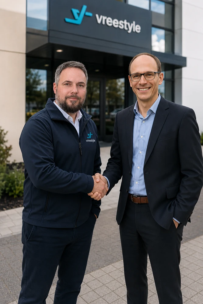 Mann im Vreestyle Hoodie begrüßt Geschäftspartner vor modernem Firmengebäude